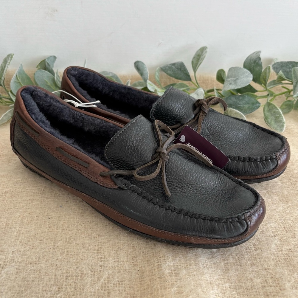 Johnston & Murphy Cort Shearling lined driving loafers men size 9 black brown
